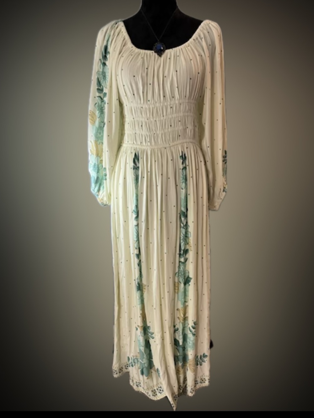 LOFT Cream Maxi Peasant Dress with Mint aqua Floral Pattern